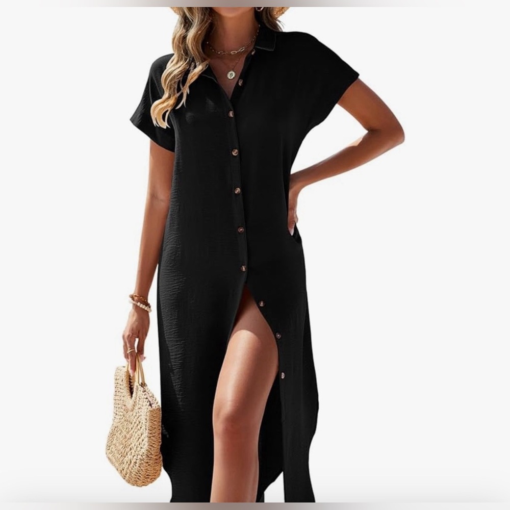 Casual Short Sleeve Button Down Maxi Dress Beach Swim Coverup Cardigan Black S